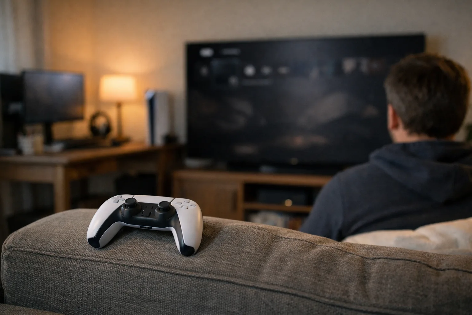 Kontroll i en PS5-spelhörna.